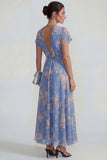 Blue Deep V Neck Pink Floral Chiffon A Line Maxi Wedding Guest Dress with Bowknot