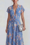 Blue Deep V Neck Pink Floral Chiffon A Line Maxi Wedding Guest Dress with Bowknot
