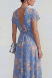 Blue Deep V Neck Pink Floral Chiffon A Line Maxi Wedding Guest Dress with Bowknot