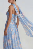 Blue Chiffon Floral Strapless Ruched A Line Long Formal Dress with Ribbons
