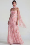 Blue Chiffon Floral Strapless Ruched A Line Long Formal Dress with Ribbons