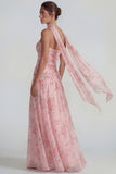 Blue Chiffon Floral Strapless Ruched A Line Long Formal Dress with Ribbons