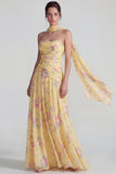 Blue Chiffon Floral Strapless Ruched A Line Long Formal Dress with Ribbons