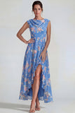 Blue Pink Floral Chiffon Ruffled A Line Long Wedding Guest Dress with Slit