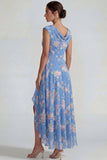 Blue Pink Floral Chiffon Ruffled A Line Long Wedding Guest Dress with Slit