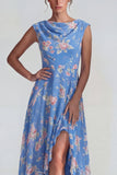 Blue Pink Floral Chiffon Ruffled A Line Long Wedding Guest Dress with Slit