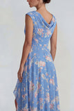 Blue Pink Floral Chiffon Ruffled A Line Long Wedding Guest Dress with Slit