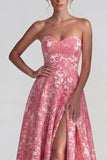 Blush Jacquard Strapless Ruched A Line Long Formal Dress with Slit