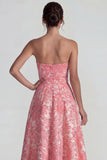 Blush Jacquard Strapless Ruched A Line Long Formal Dress with Slit