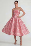 Blush Jacquard Strapless A Line Long Wedding Guest Dress