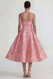 Blush Jacquard Strapless A Line Long Wedding Guest Dress