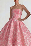 Blush Jacquard Strapless A Line Long Wedding Guest Dress