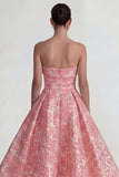 Blush Jacquard Strapless A Line Long Wedding Guest Dress