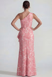 Blush Jacquard One Shoulder Rufffled Sheath Long Formal Dress with Slit