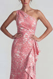 Blush Jacquard One Shoulder Rufffled Sheath Long Formal Dress with Slit