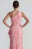 Blush Jacquard One Shoulder Rufffled Sheath Long Formal Dress with Slit