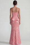 Blush Jacquard Strapless Rufffled Sheath Long Formal Dress