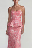 Blush Jacquard Strapless Rufffled Sheath Long Formal Dress