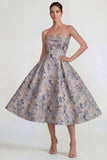 Grey Blue Jacquard Strapless A Line Maxi Wedding Guest Dress