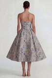 Grey Blue Jacquard Strapless A Line Maxi Wedding Guest Dress
