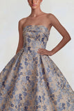 Grey Blue Jacquard Strapless A Line Maxi Wedding Guest Dress