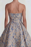 Grey Blue Jacquard Strapless A Line Maxi Wedding Guest Dress
