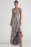 Grey Blue Jacquard Ruffled V Neck Mermaid Long Formal Dress with Slit