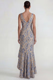 Grey Blue Jacquard Ruffled V Neck Mermaid Long Formal Dress with Slit