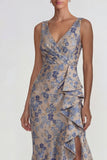 Grey Blue Jacquard Ruffled V Neck Mermaid Long Formal Dress with Slit