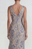 Grey Blue Jacquard Ruffled V Neck Mermaid Long Formal Dress with Slit