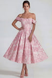 Pink Jacquard Off the Shoulder Corset A Line Maxi Wedding Guest Dress