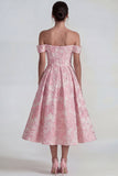 Pink Jacquard Off the Shoulder Corset A Line Maxi Wedding Guest Dress