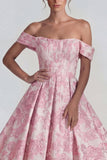 Pink Jacquard Off the Shoulder Corset A Line Maxi Wedding Guest Dress