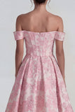 Pink Jacquard Off the Shoulder Corset A Line Maxi Wedding Guest Dress