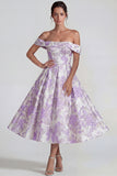 Lilac Jacquard Off the Shoulder A Line Maxi Wedding Guest Dress