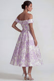 Lilac Jacquard Off the Shoulder A Line Maxi Wedding Guest Dress