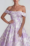 Lilac Jacquard Off the Shoulder A Line Maxi Wedding Guest Dress