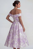 Lilac Jacquard Off the Shoulder A Line Maxi Wedding Guest Dress