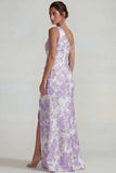 Lilac Jacquard Ruched One Shoulder Sheath Long Formal Dress with Slit