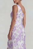 Lilac Jacquard Ruched One Shoulder Sheath Long Formal Dress with Slit