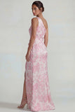 Lilac Jacquard Ruched One Shoulder Sheath Long Formal Dress with Slit