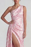 Lilac Jacquard Ruched One Shoulder Sheath Long Formal Dress with Slit