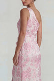 Lilac Jacquard Ruched One Shoulder Sheath Long Formal Dress with Slit