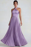 Lilac Satin Halter A Line Pleated Long Formal Dress
