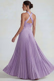 Lilac Satin Halter A Line Pleated Long Formal Dress