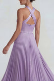 Lilac Satin Halter A Line Pleated Long Formal Dress