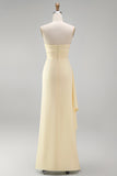 Light Yellow Satin Ruched Strapless Sheath Ruffled Long Formal Dress with Slit