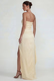 Light Yellow Satin Ruched Strapless Sheath Ruffled Long Formal Dress with Slit