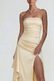 Light Yellow Satin Ruched Strapless Sheath Ruffled Long Formal Dress with Slit