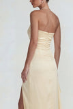 Light Yellow Satin Ruched Strapless Sheath Ruffled Long Formal Dress with Slit